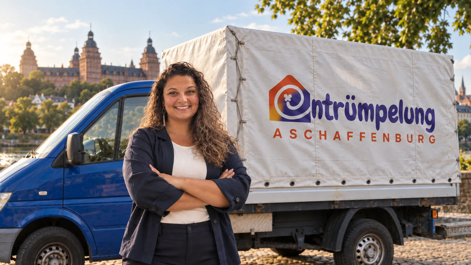 Transporter mit der Beschriftung Entrümpelung Aschaffenburg am Mainufer, im Hintergrund Schloss Johannisburg